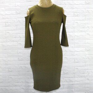 FOREVER 21 Dress Ribbed Knit Bodycon Form Fitted Cold Shoulder Column Olive S